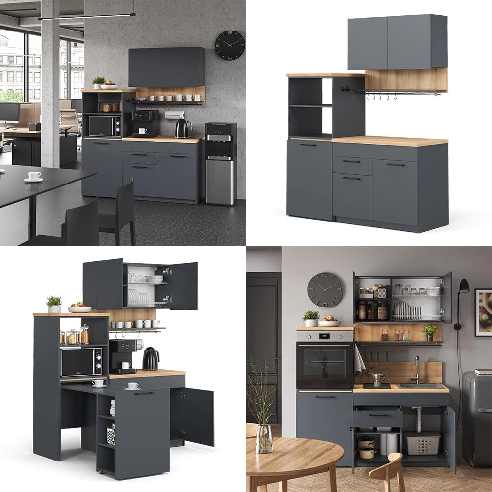 Cucina singola Egbert, Antracite, 160 cm con tavolo allungabile con striscia LED, con asciuga piatti integrato e ripiani laterali