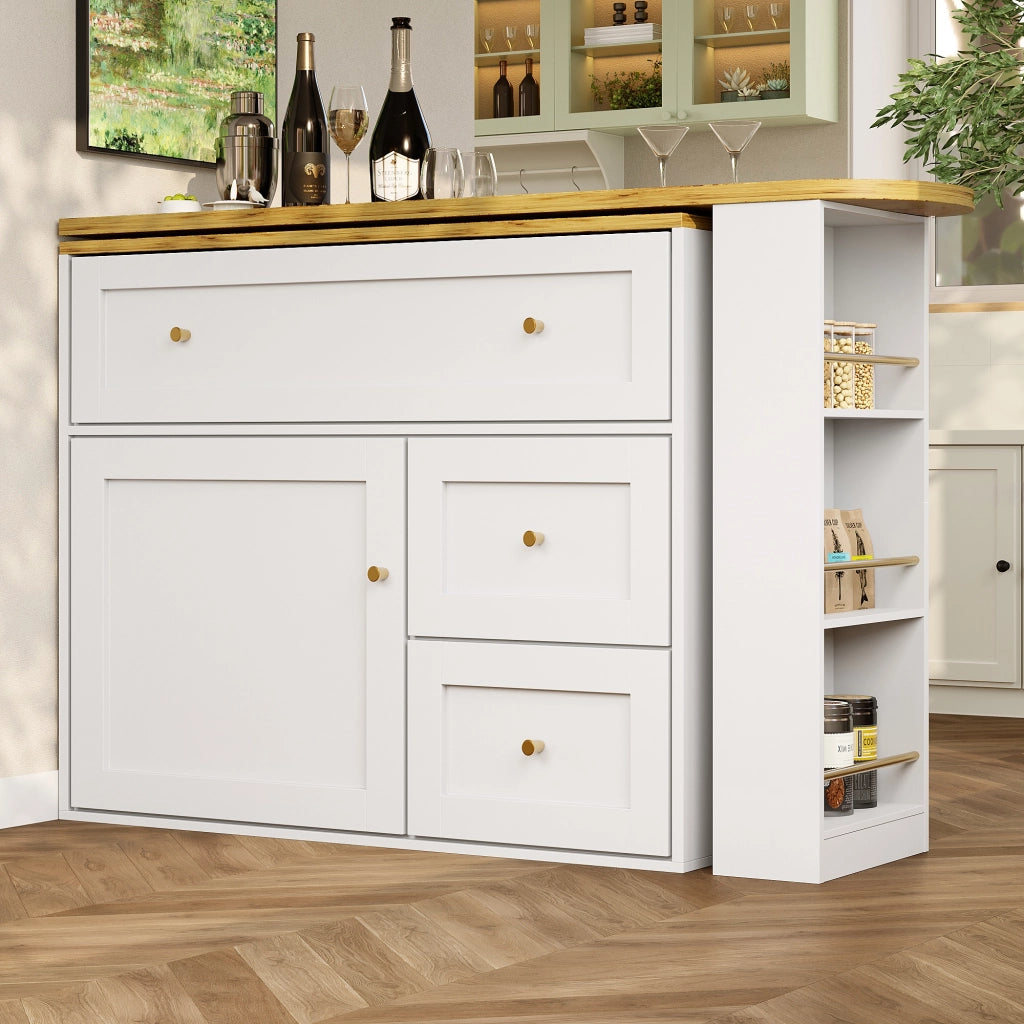 Tavolo Bar Estensibile con 2 Cassetti a Ribalta; Vani Contenitore e Piano Girevole; in MDF; 138-204x39x105 cm; Bianco