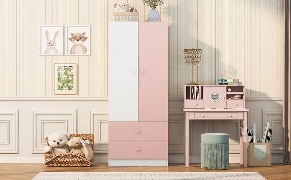 Armadio ULEVR 70x40x170 cm con appendiabiti e 2 cassetti, rosa e bianco