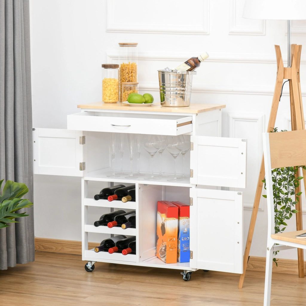 EasyComfort Carrello Cucina con Portabottiglie, 3 Ante, 4 Ruote e Cassetto, Mobiletto Cucina Salvaspazio per Microonde e Spezie in Legno, 67x37x87 cm, Bianco e Rovere