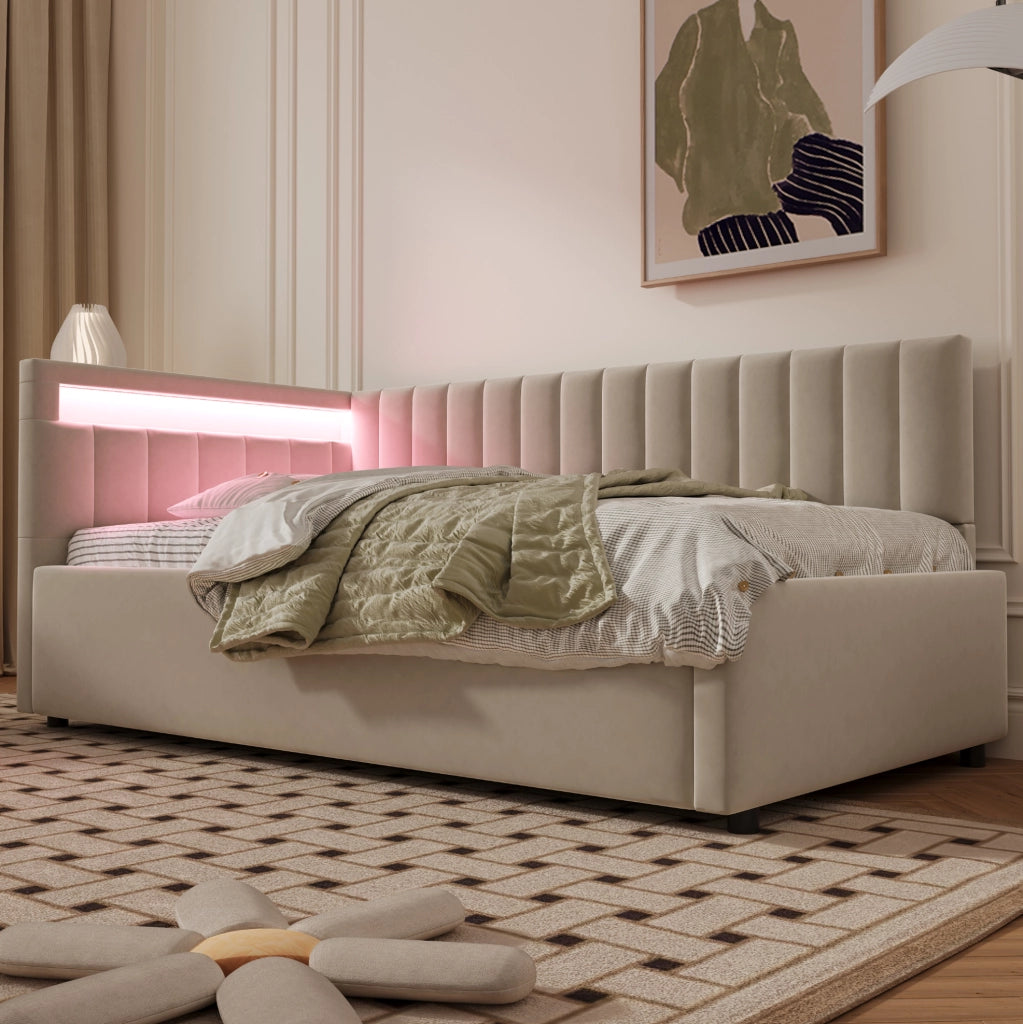 Letto singolo imbottito 90x200 cm con LED e vano contenitore beige