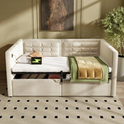 Divano letto imbottito 90x200 cm in velluto beige con contenitore idraulico e porta USB/Type-C