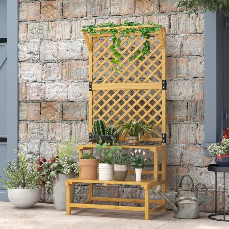 Porta piante a 2 livelli in legno di abete, con griglia e tetto, 75 x 50 x 166 cm, giallo