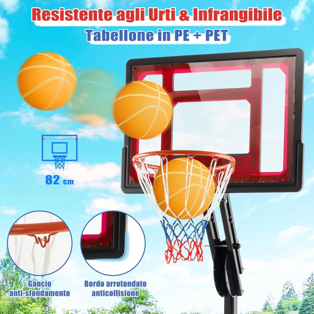 Canestro da Basket Regolabile a 10 Livelli, Canestro da Basket da Esterno Portatile con Tabellone da 82cm, 2 Ruote e Borsa