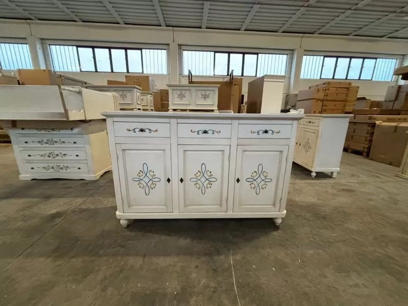 Credenza 3 porte legno shabby bianco anticato decori 150x43x98 - Mobili 2G