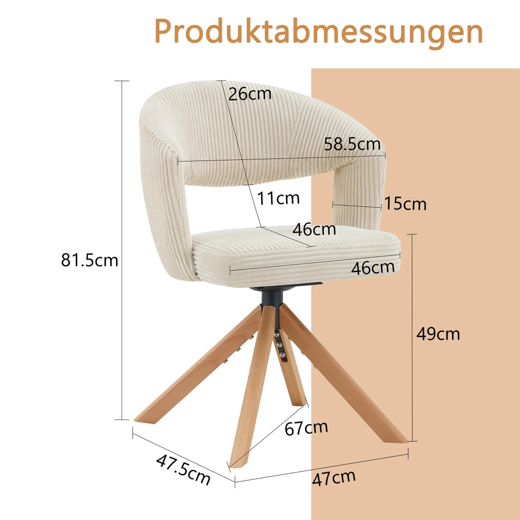 Set 2 Sedie Girevoli Retro ¨C MINIMAL ¨C Velluto a Coste Crema, Gambe in Legno Massello, Schienale Curvo