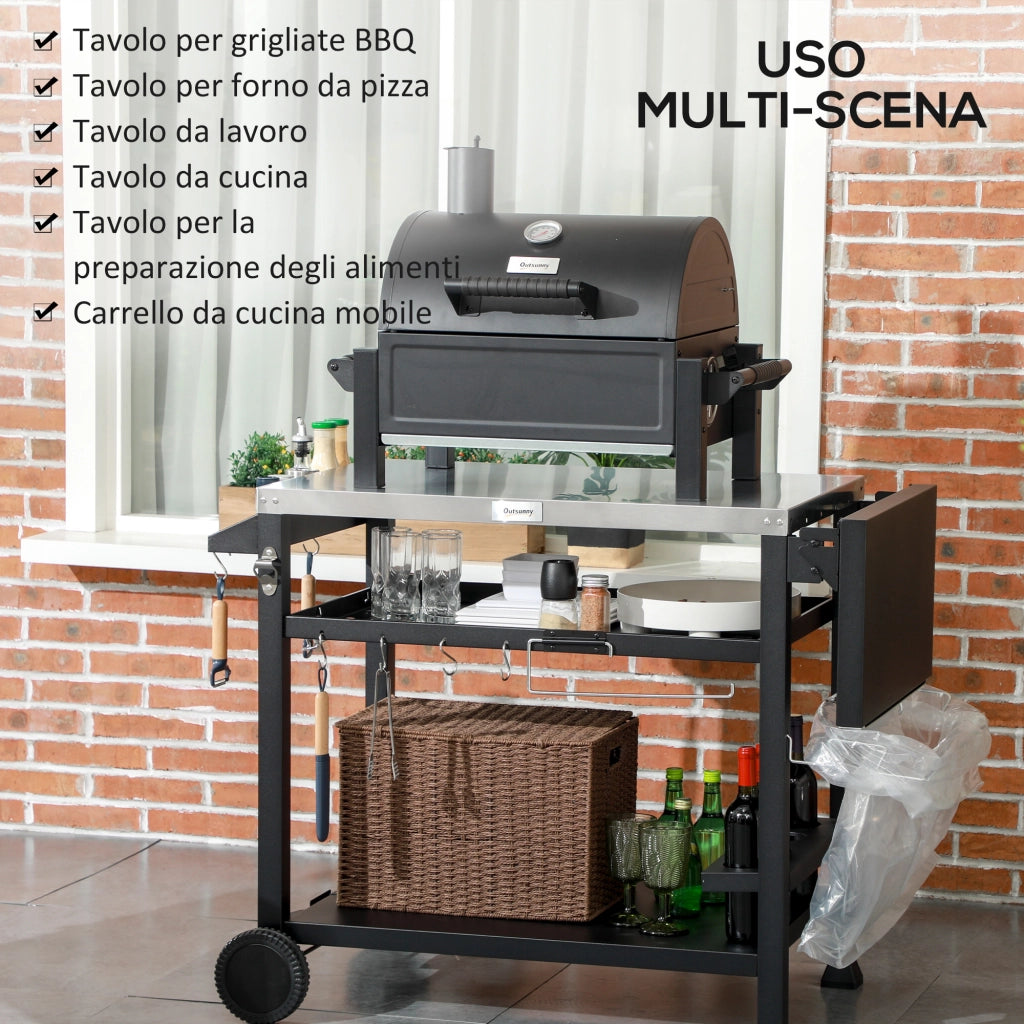 Carrello Barbecue con Tavolino Pieghevole ¨C zephmum ¨C Acciaio Inox, 2 Ruote, 125x65x84 cm, Nero