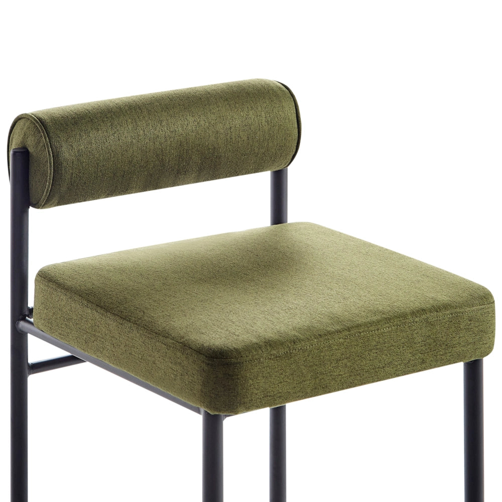 Set di 2 sedie da bar Rivestimento in poliestere verde Gambe in metallo nero Sgabelli senza braccioli Schienale arrotolato Cucina moderna sala da pranzo