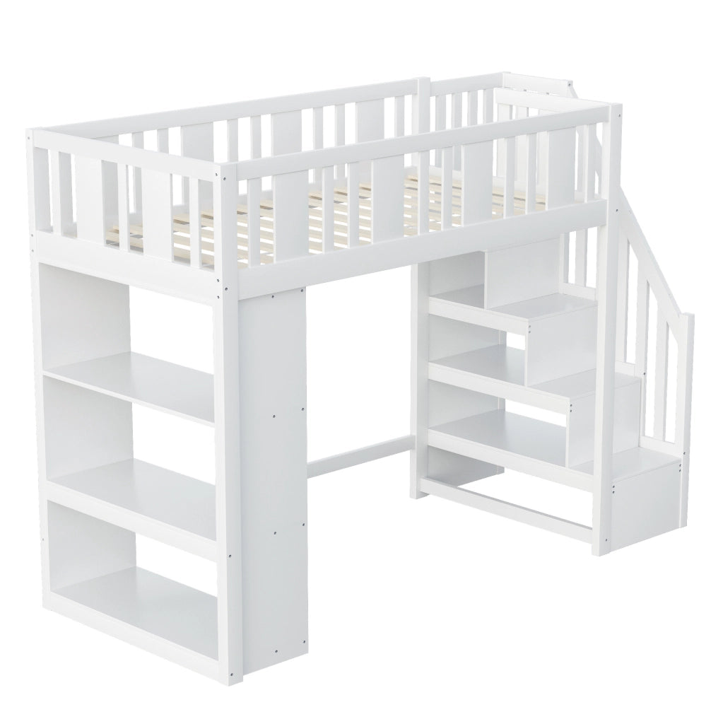 Letto a soppalco per bambini 90x200 cm con scala contenitore e 3 vani; bianco