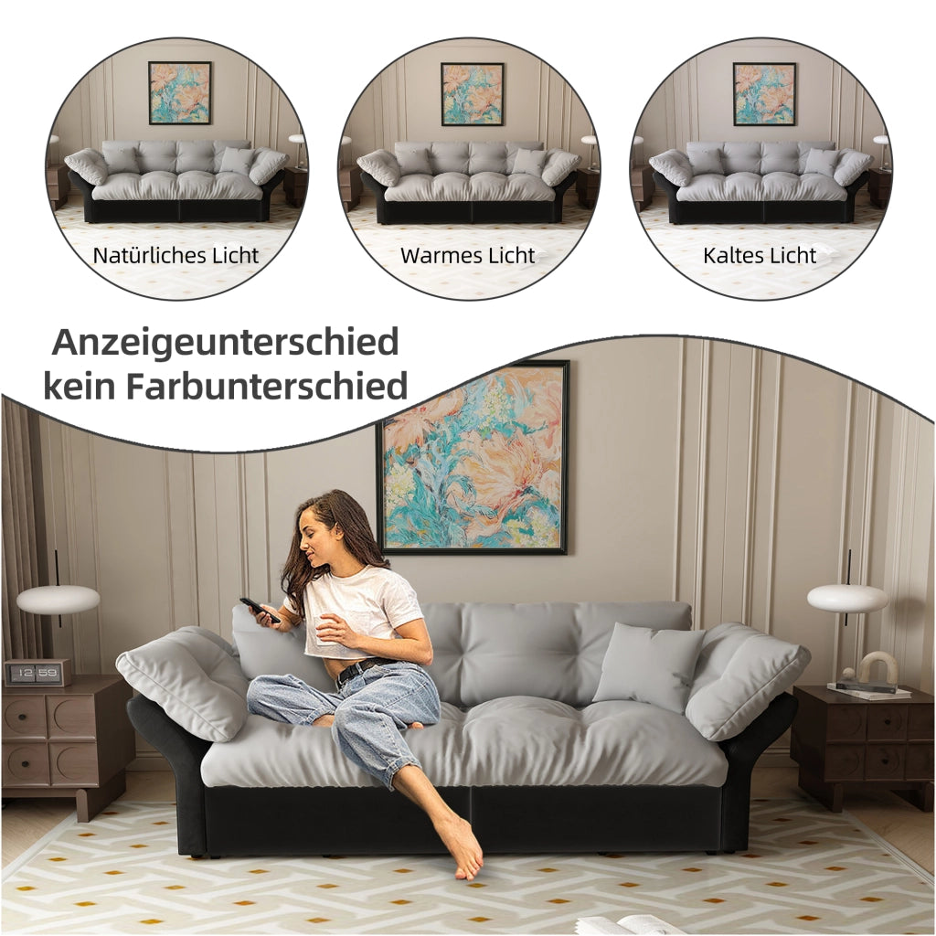 Divano letto 3 in 1 - con funzione chaise longue e 2 cuscini - in velluto - grigio chiaro