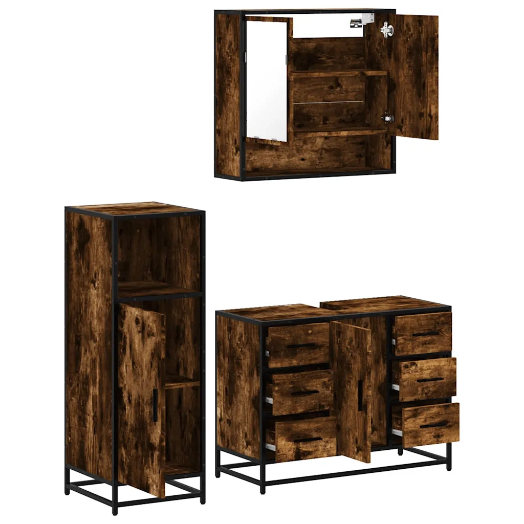 Set Mobili da Bagno 3 pz Rovere Fumo in Legno Multistrato