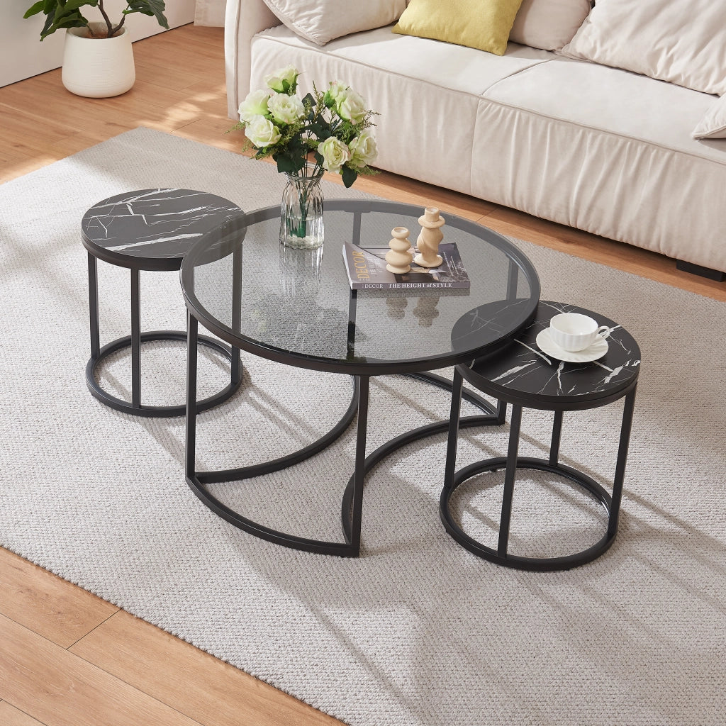 Set Kokkola 3 Tavolini Sovrapponibili con Piani Rotondi in Vetro Fumè e MDF Effetto Marmo Nero [en.casa]