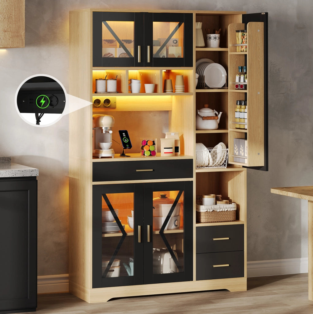 Credenza buffet 105x40x185 cm con LED a colori e prese; in MDF; nero naturale