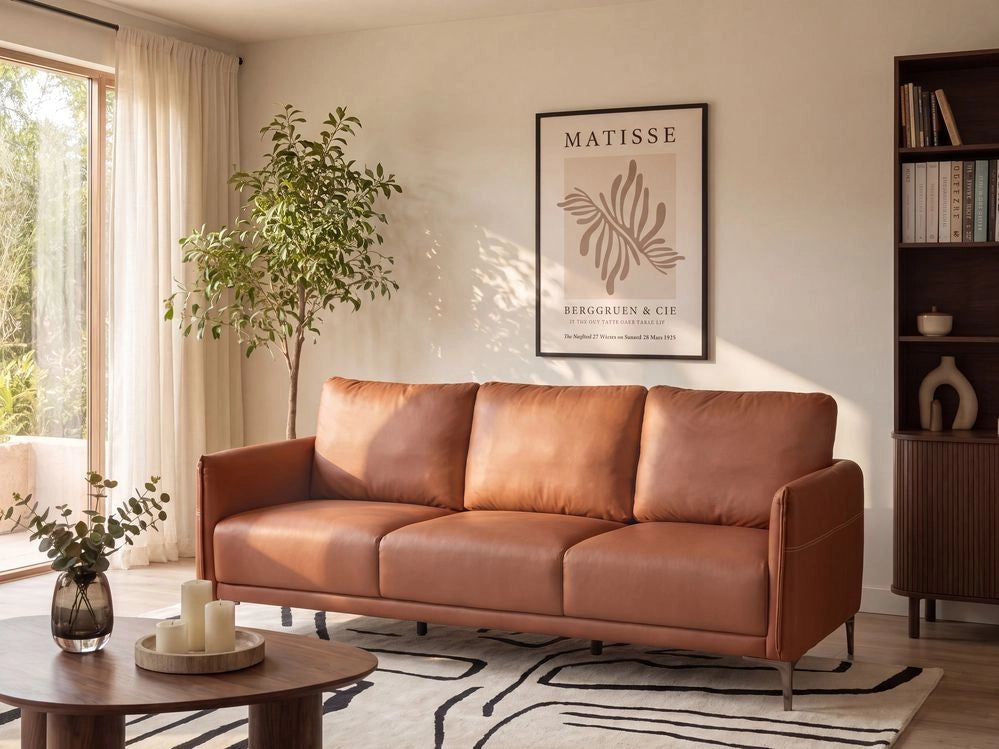 Divano a 3 posti in tessuto marrone dorato con gambe in metallo stile moderno minimalista