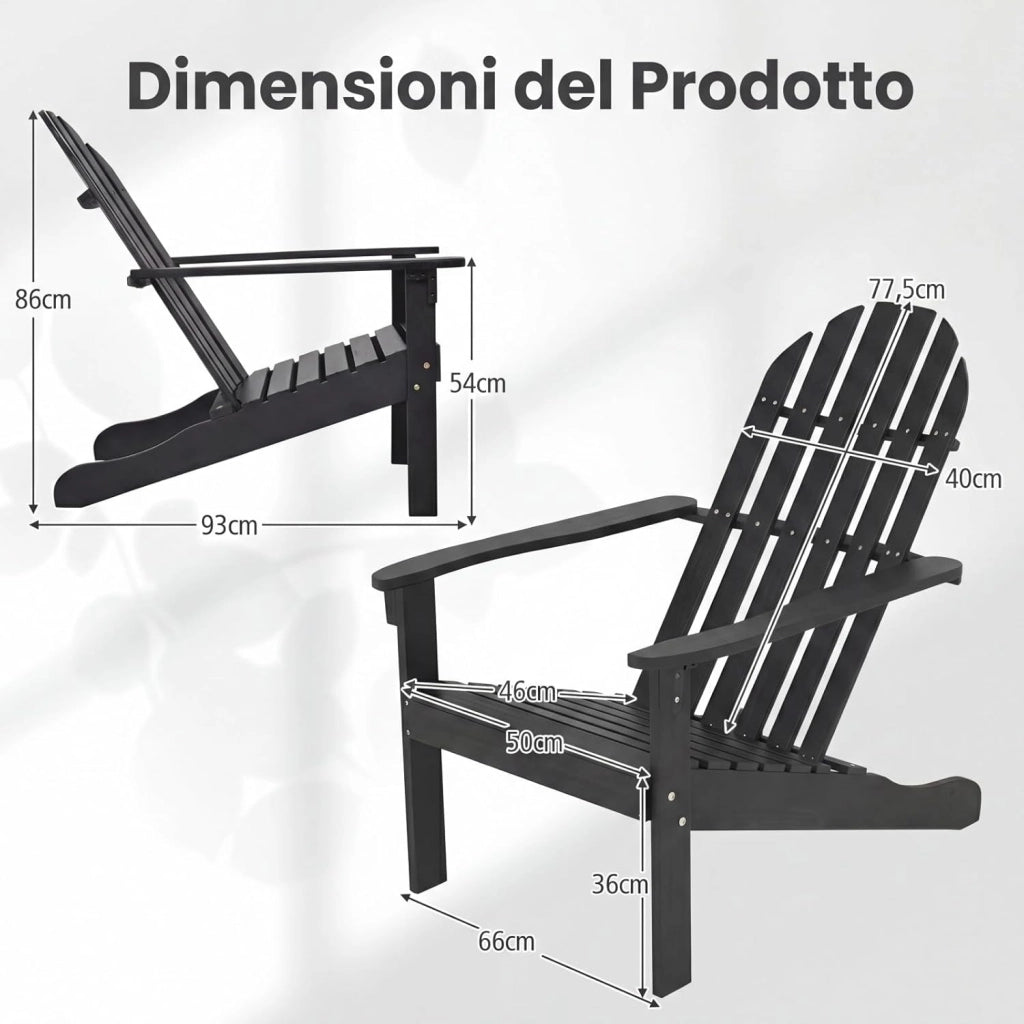 Adirondack-Sedia Giardino in Legno, Poltrona Esterno con Schienale Alta, Sedia a Sdraio Prendisole per Spiaggia Cortile Balcone, Portata 180 kg (Nero, 66 x 93 x 86 cm)