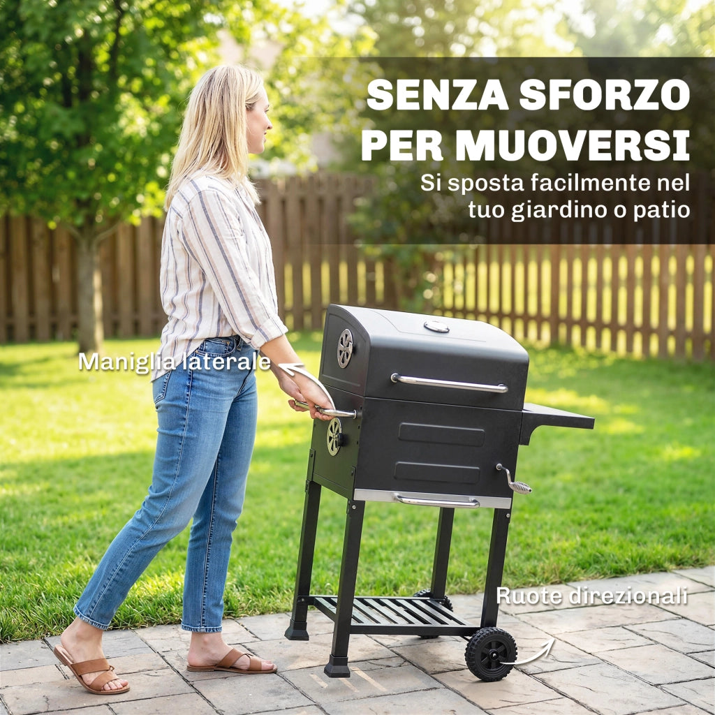 Barbecue a Carbone 75x59x94 cm con Termometro e Griglia di Cottura in Acciaio inox 304 Nero