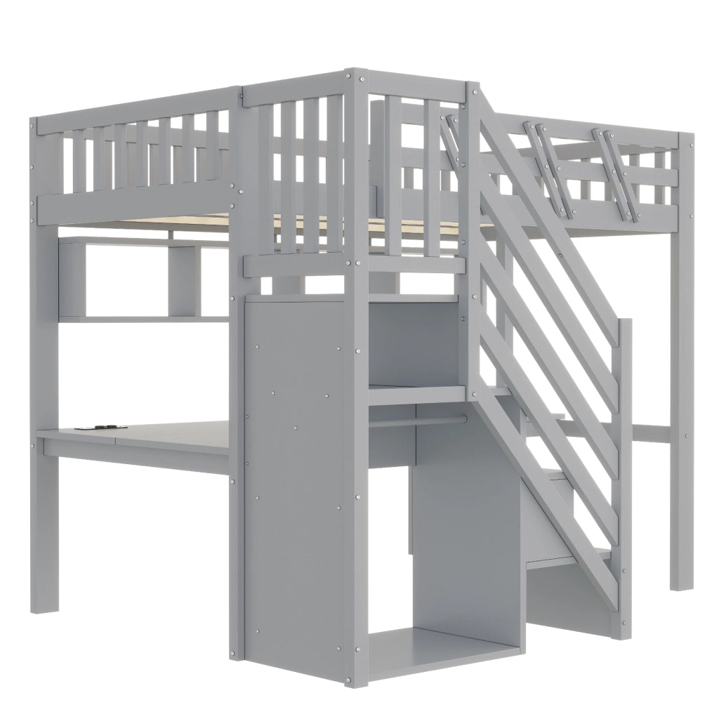 Letto a soppalco 90x200 cm con scrivania; LED e contenitore in legno