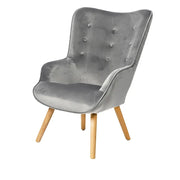 Poltrona da salotto in velluto grigio chiaro con piedi in legno collezione ENJOY. Stile scandinavo.
