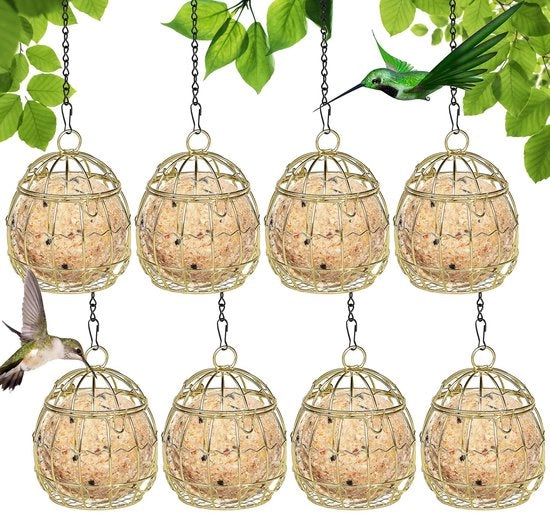Set di 8 contenitori per mele per uccelli in metallo dorato con coperchio scorrevole, contenitore per semi per mele, attacco per cibo per uccelli, stazione di alimentazione per uccelli e contenitore