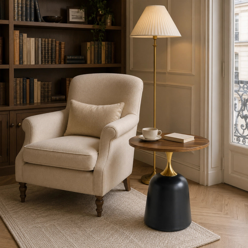 Tavolino rotondo con piano in melamina e base stabile; stile nordico; noce e nero; 70 × 69 × 40 cm