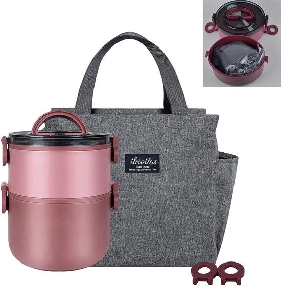 Tasca per cibo portatile 2 in 1. 1600ml. Con sacchetto isolante. Ricaricabile in microonde. Ideale per ufficio, scuola e casa (la borsa è al suo interno).
