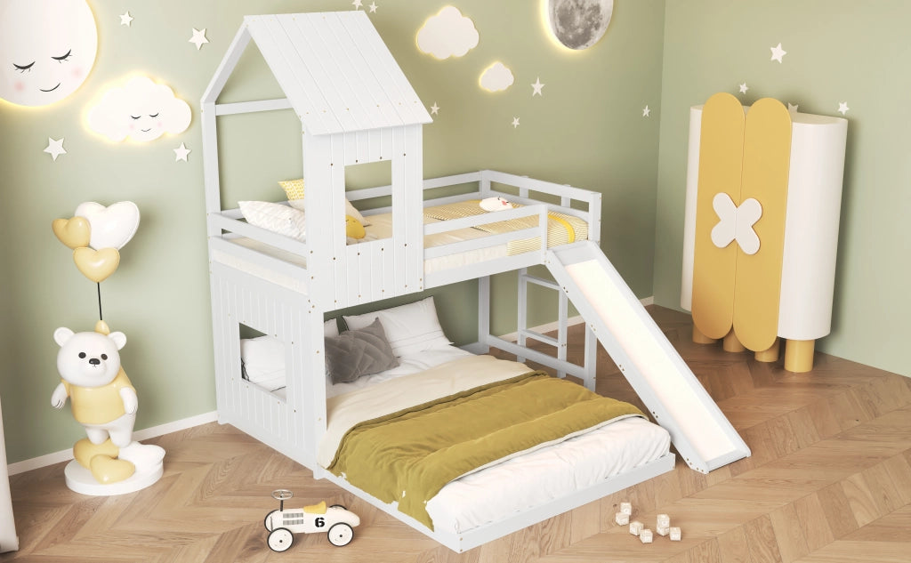 DESMIU Letto a castello casetta 140 × 200 cm e 90 × 200 cm con scivolo, scala, senza materasso, bianco