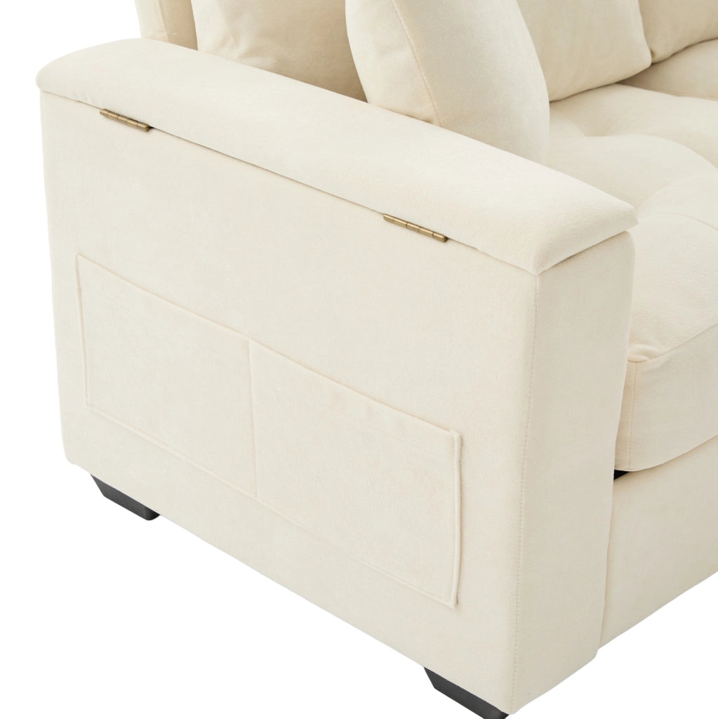 Divano a 2 posti beige in ciniglia con braccioli contenitore e cuscini per spazi ridotti