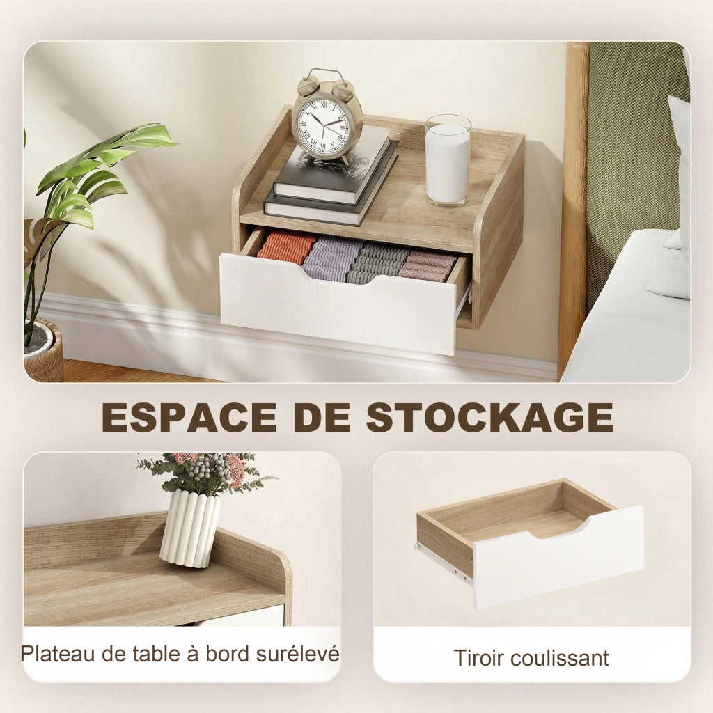 Comodino a muro con cassetto e piano rialzato ¨C zephmum ¨C 40x30x19,5 cm