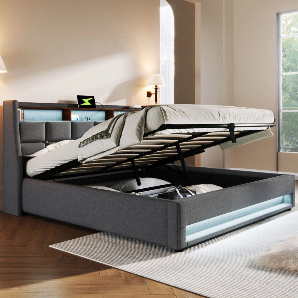 Letto matrimoniale 160x200 cm con LED, USB e materasso