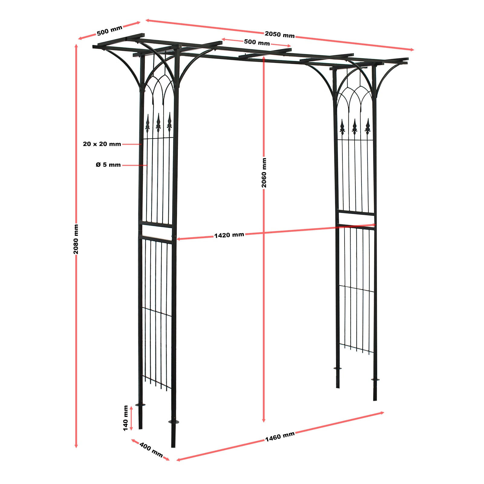 Arco da giardino per rose e piante rampicanti 205x50x208cm acciaio nero