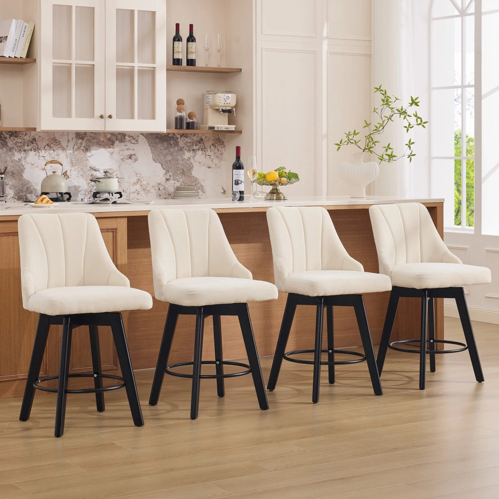 Sgabello da bar girevole 360° in ciniglia beige con schienale imbottito e poggiapiedi
