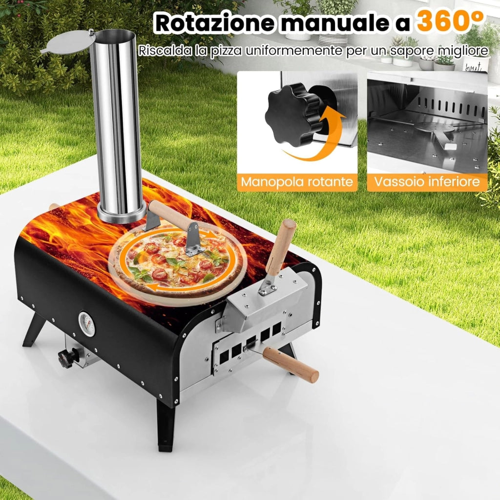 Forno per Pizza Portatile, Forno da Esterno con Pietra per Pizza Rotante a 360°, in Acciaio Inossidabile a 3 Strati con Termometro e Borsa da Trasporto, Nero e Argento