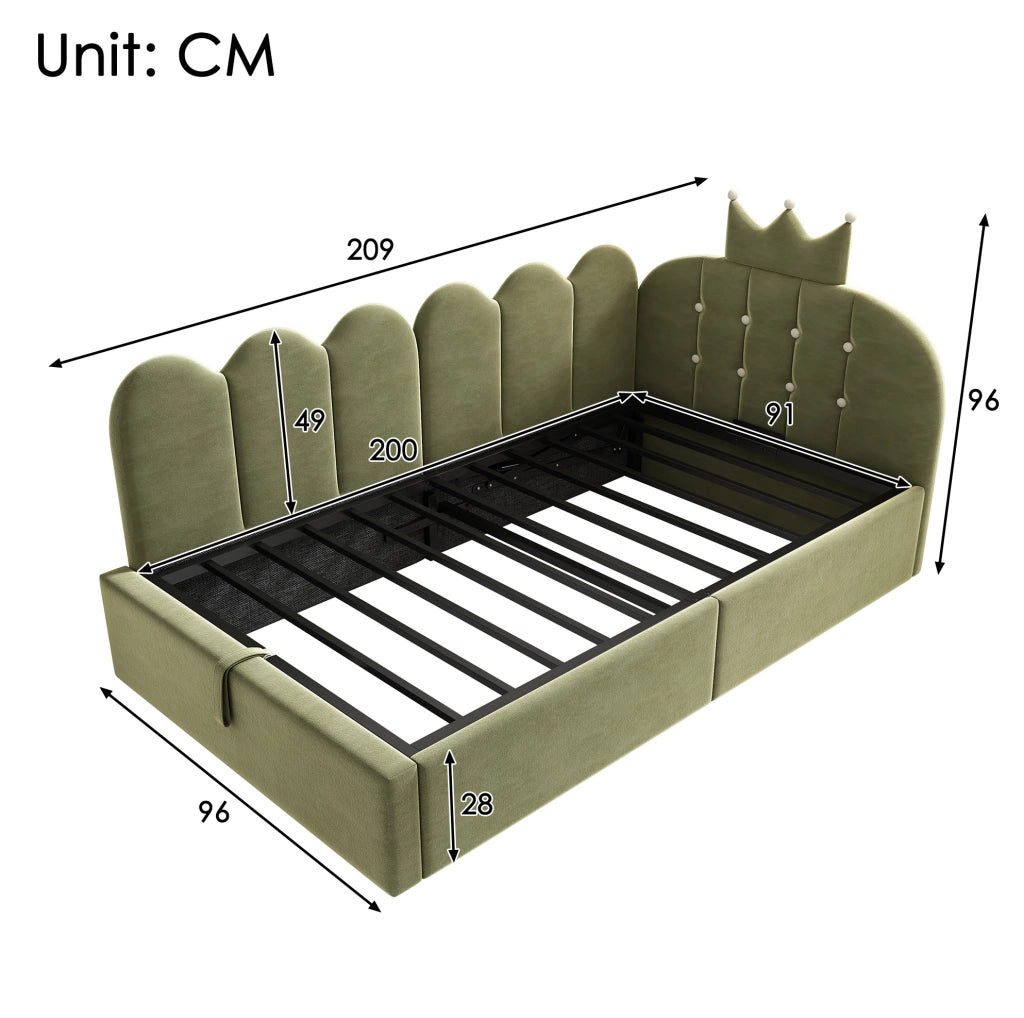 Letto daybed verde 90x200 cm in velluto con contenitore idraulico