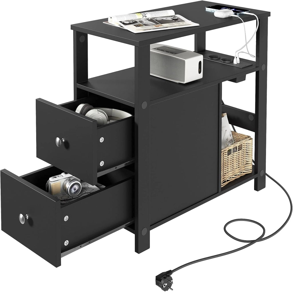 Tavolino Stretto con Stazione di Ricarica per Divano, Comodino con 2 Cassetti 2 Ripiani 1 Scomparto, per Soggiorno, Camera da Letto, 60x60x30 cm, Nero