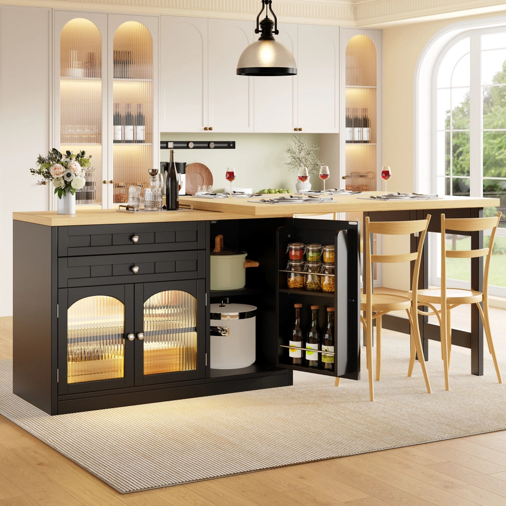 Mobile cucina multifunzionale con piano girevole ed estensibile; 2 cassetti; ante in vetro e ripiani; per sala da pranzo; nero; 120 × 40 × 73.5 cm