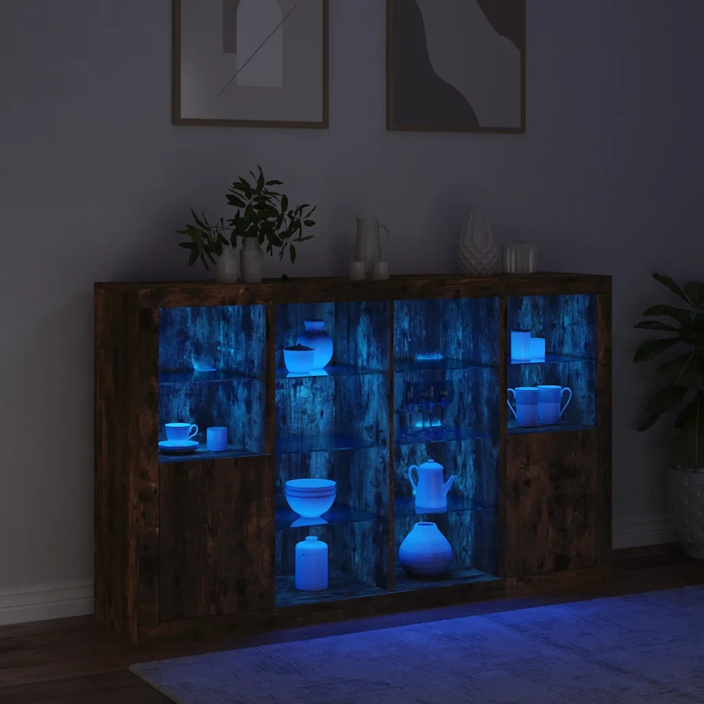 Credenze con Luci LED 3 pz | Madia | Buffet da pranzo | Armadio da pranzo Rovere Fumo in Legno Multistrato