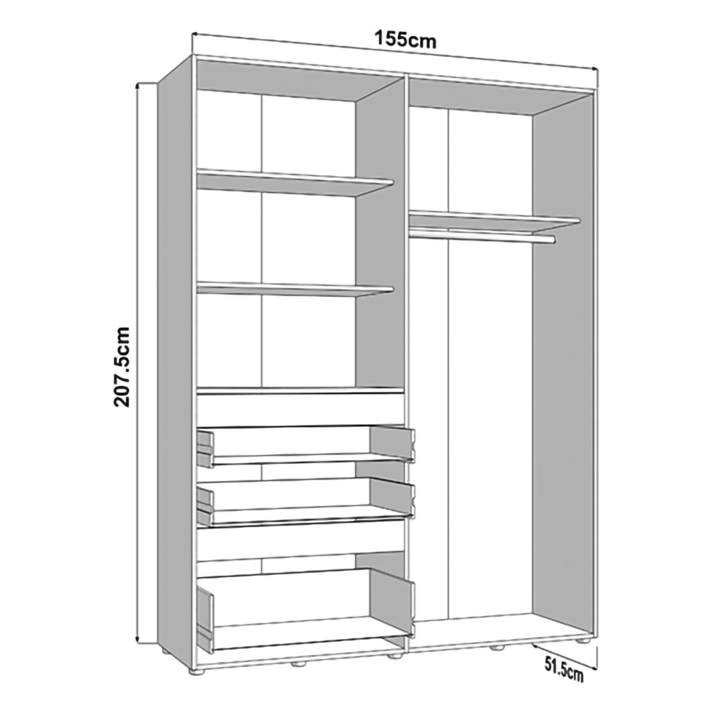 Armadio Camera da Letto Ushuaia, Guardaroba Grande 3 Cassetti, 155x208h cm Bianco Opaco