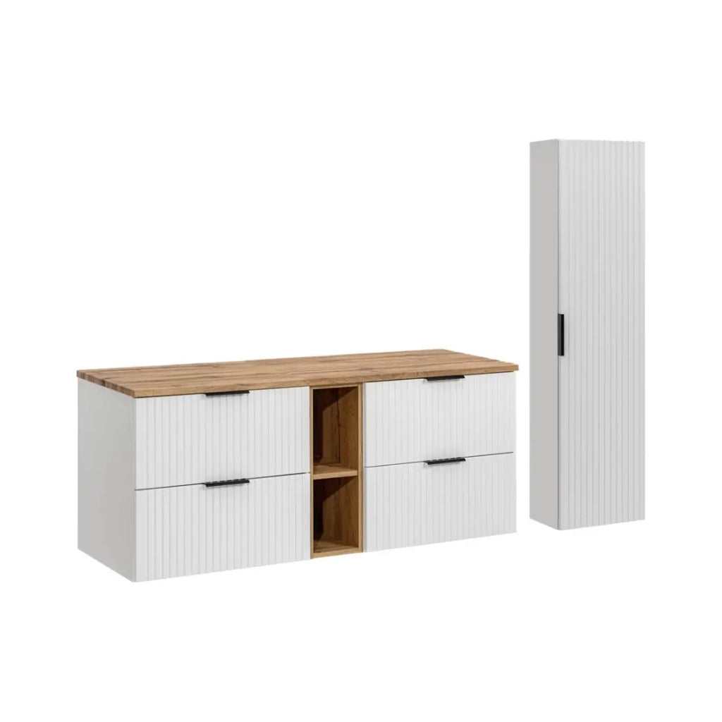 Set da bagno NOXERA 140 cm – Mobile sospeso bianco alpino con piano per lavabo in rovere wotan e contenitori
