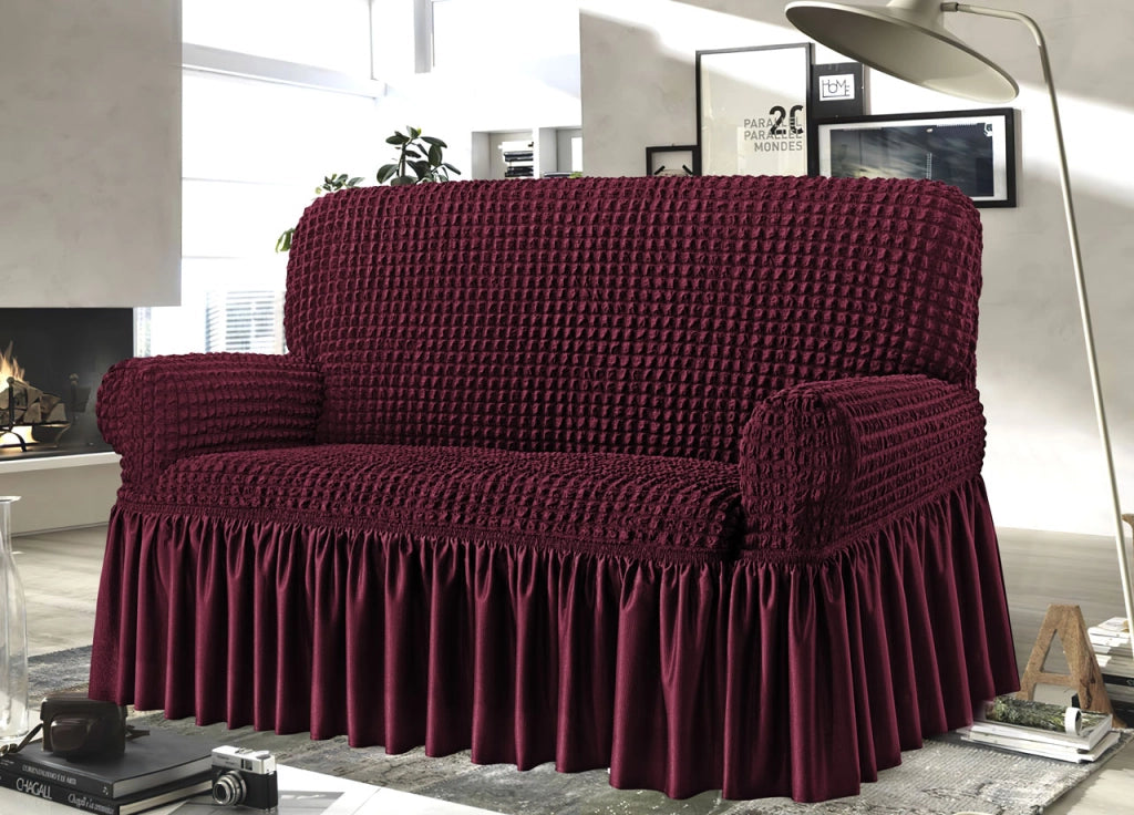 Copridivano Elasticizzato Arricciato Con Volants Tinta Unita Luxory Bordeaux - 3 Posti - Bordeaux