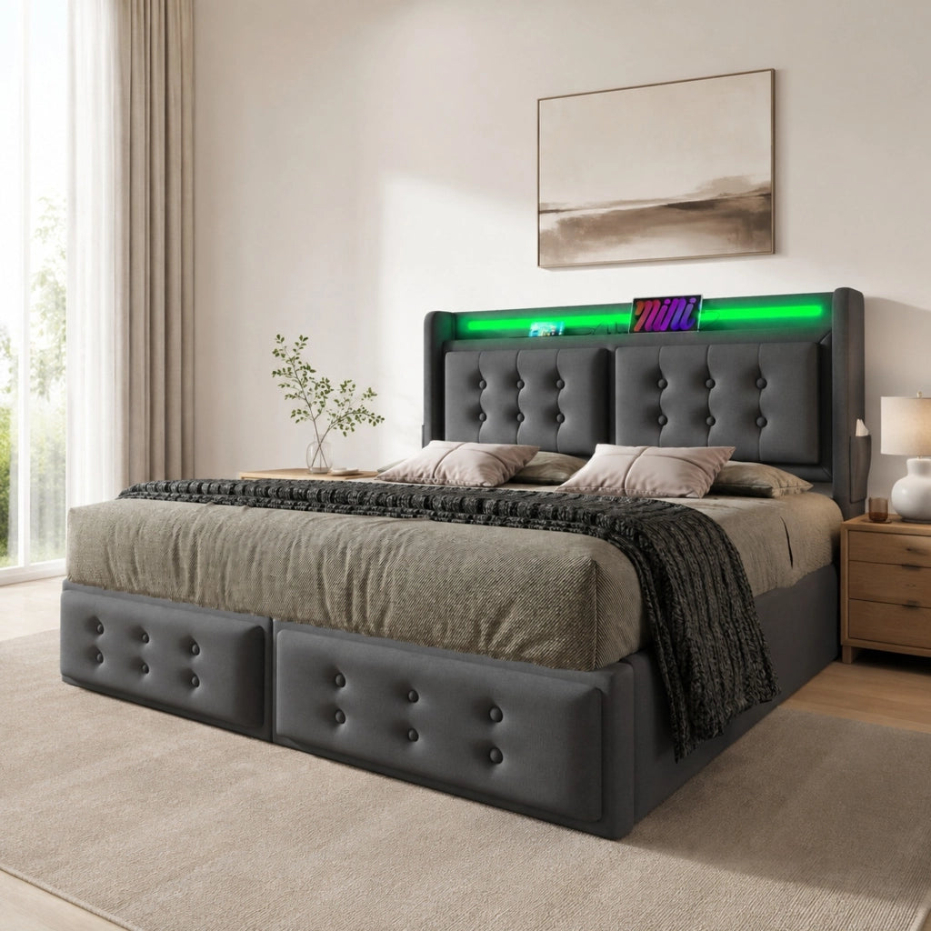 Letto imbottito 160x200 cm con LED, porte USB-C e USB, 4 cassetti, senza materasso