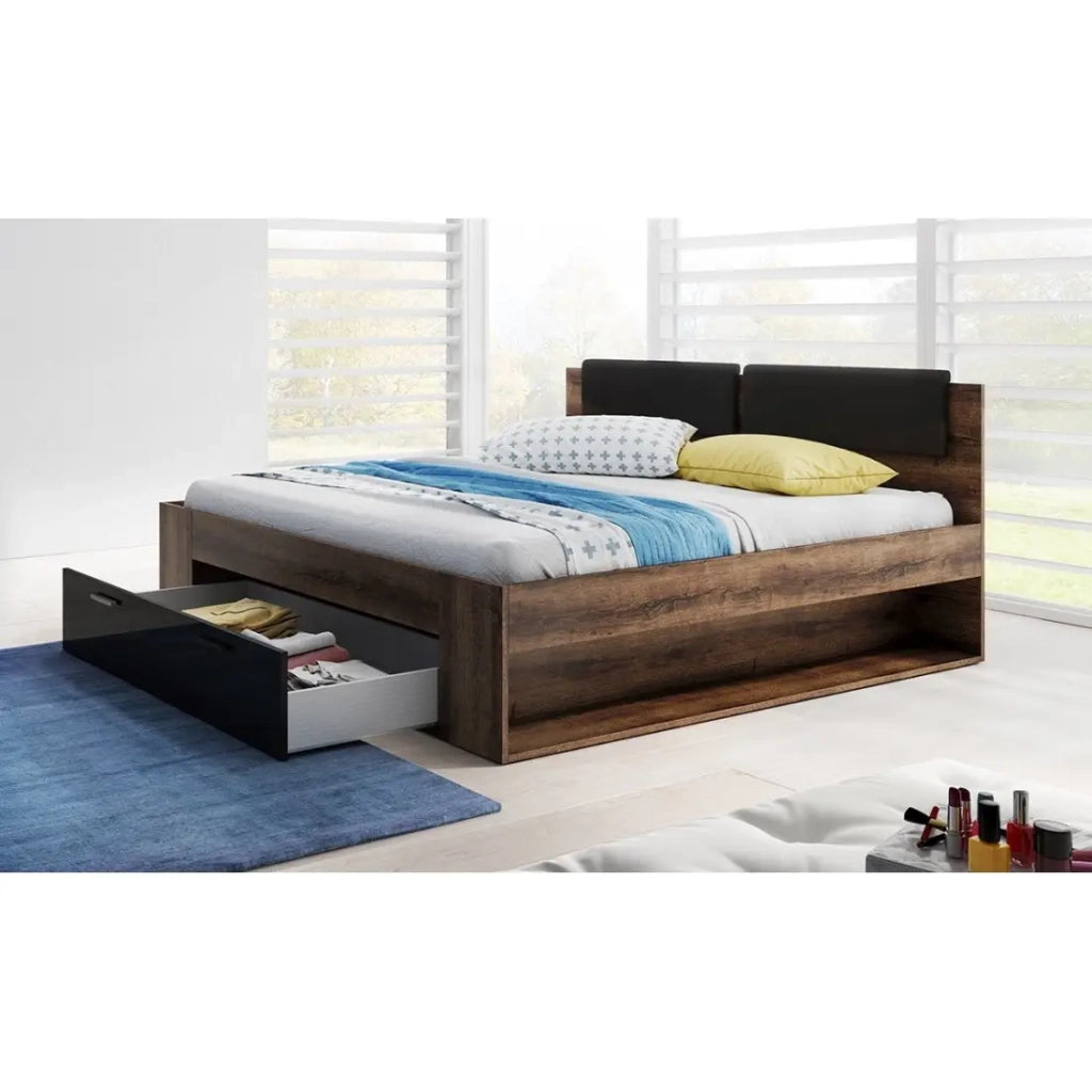 Letto adulto 140x200 con cassetti integrati - Collezione FLOYD. Colore rovere scuro e nero.