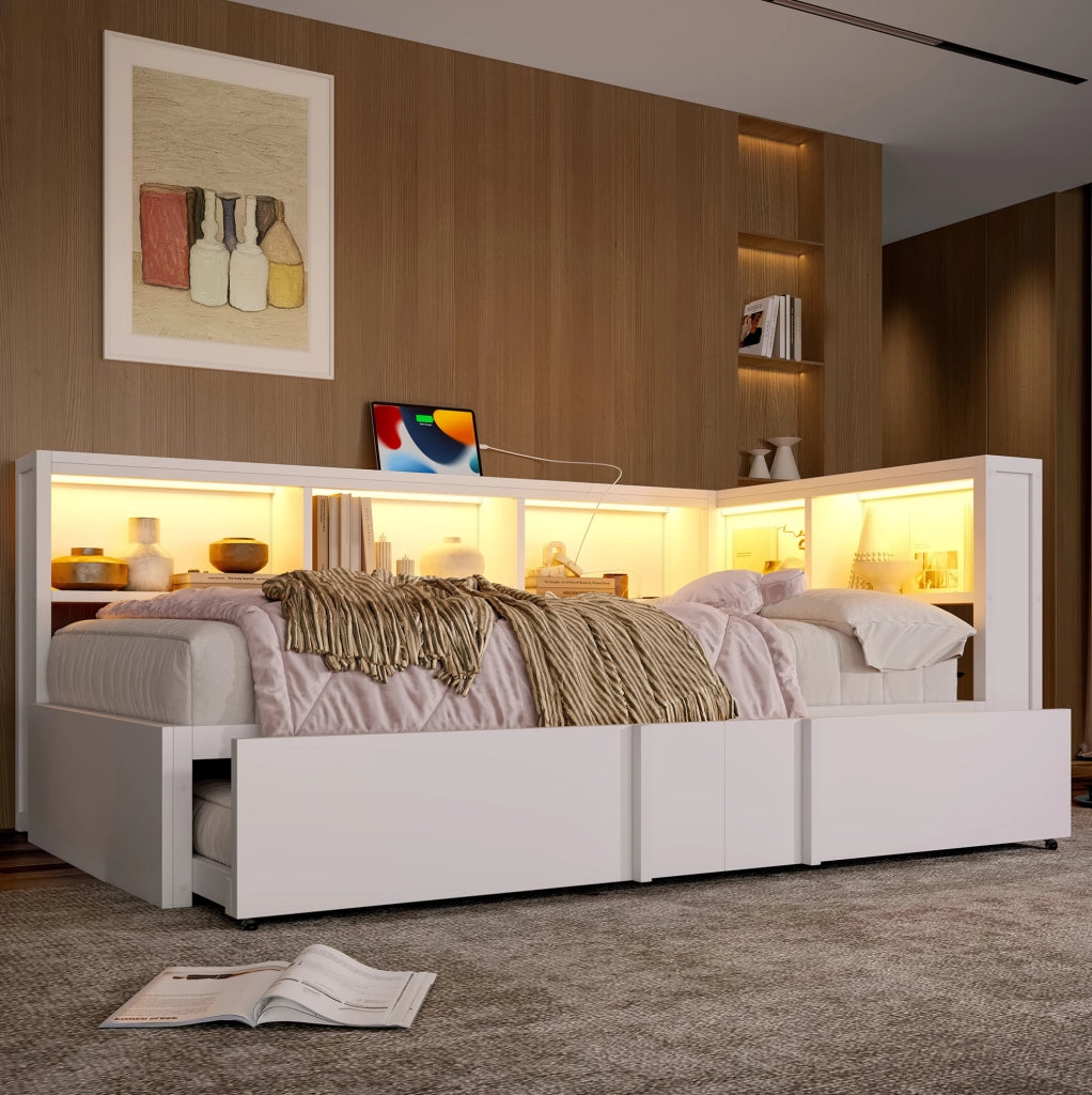 Letto 90x200 cm con letto estraibile; vani portaoggetti; LED e USB in metallo e MDF bianco