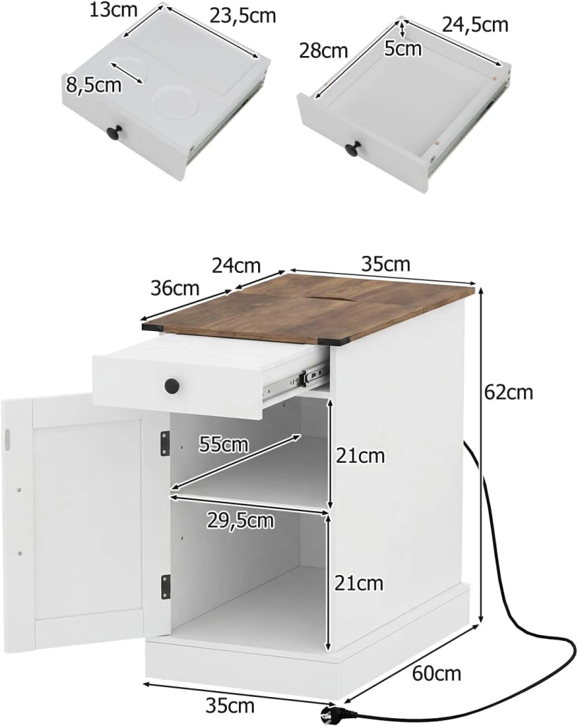 Comodino con stazione di ricarica, tavolino ausiliario con porta, cassetto estraibile, scomparto nascosto, ripiano regolabile, 35 x 60 x 62 cm, per camera da letto, soggiorno