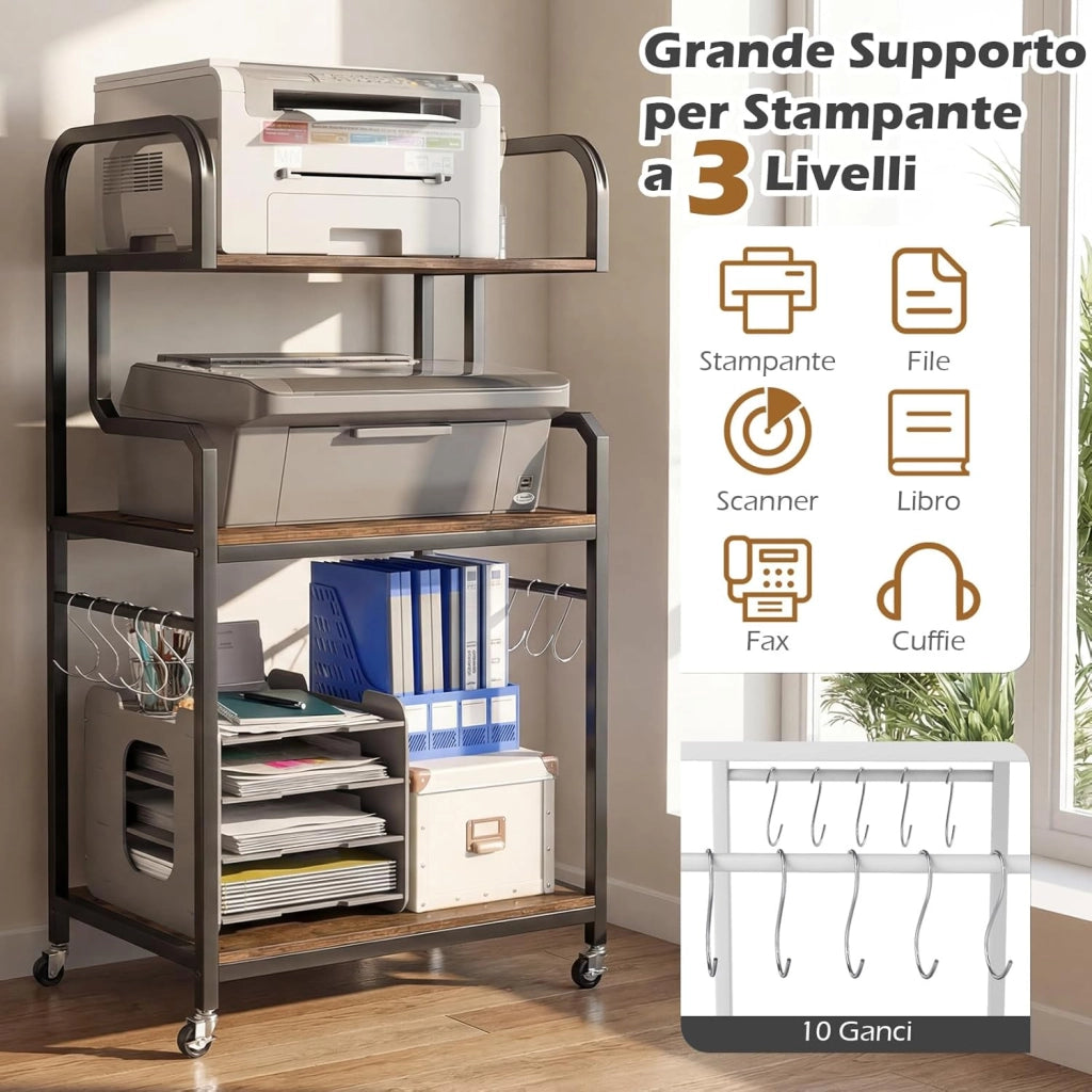 Supporto Porta Stampante con Ruote, Carrello Portaoggetti a 3 Ripiani in Legno, Scaffale Multiuso con 10 Ganci, per Cucina Ufficio, 60,5 x 40 x 110 cm (Marrone)