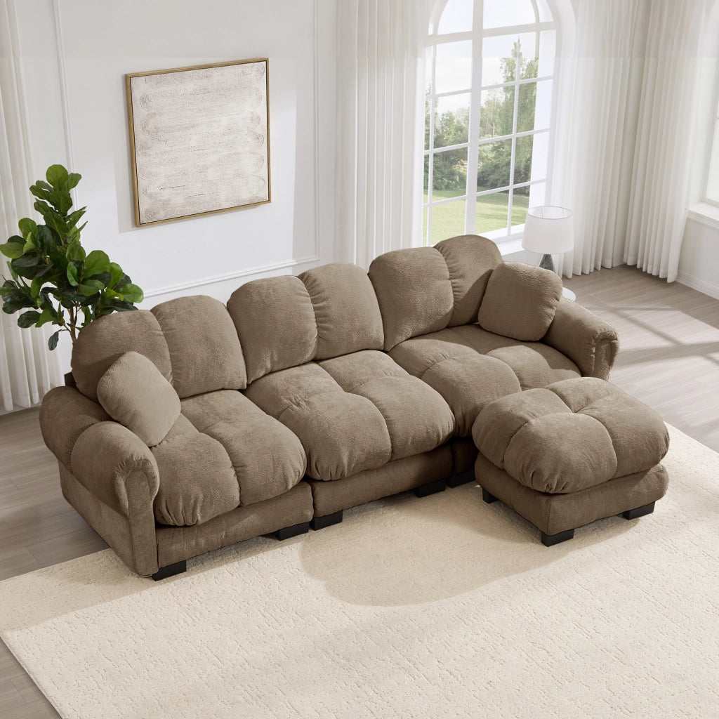 Divano angolare 3 posti 260x149 cm con pouf mobile in ciniglia; marrone
