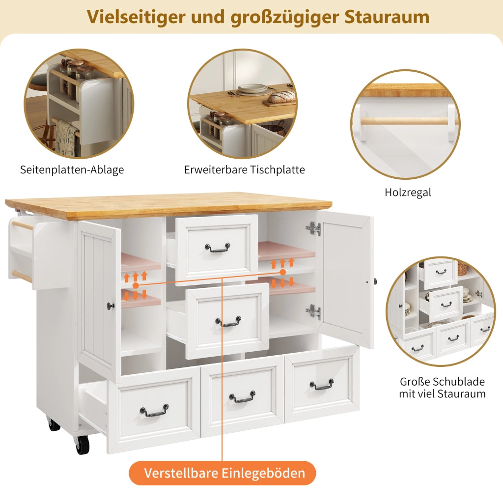 OKWISH Carrello da Cucina con Piano Pieghevole, 2 Ante e 5 Cassetti, Ruote, MDF e Metallo, Bianco