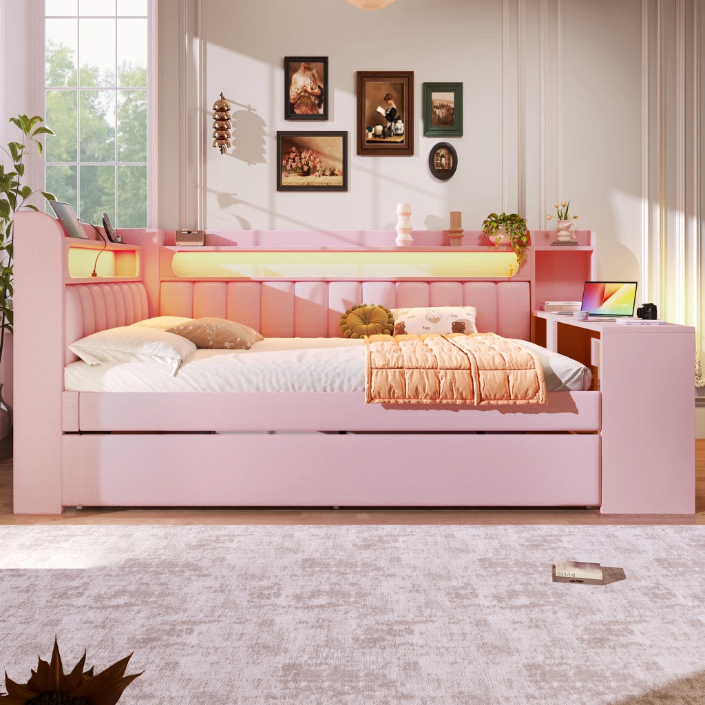 OKWISH Letto Divano Letto 3 Posti con USB, LED Regolabile, Scrivania e Letto Estraibile 140×200 cm e 90×190 cm, senza Materasso
