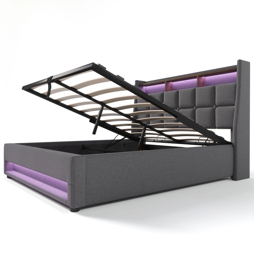 Letto matrimoniale 180x200 cm in tessuto effetto lino grigio con LED; USB e contenitore