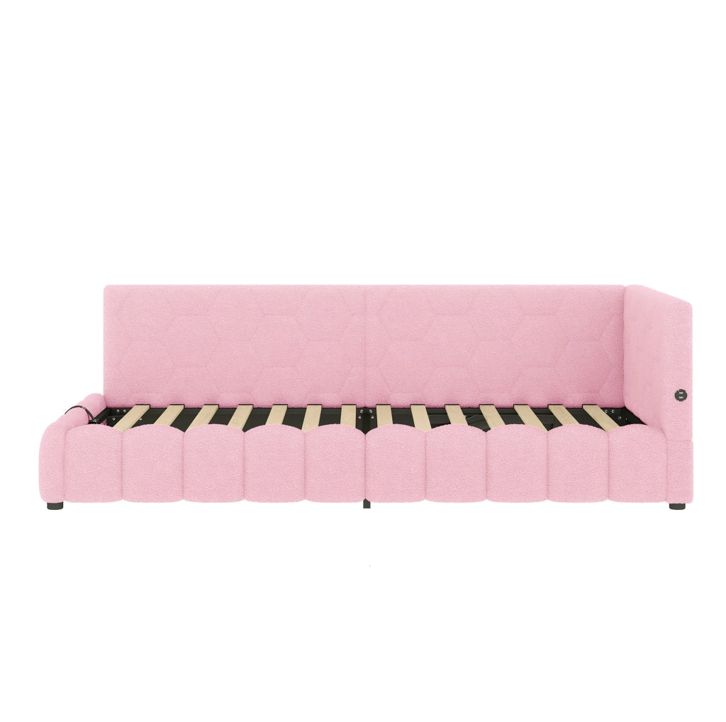 Letto da giorno 90x200 cm con rete a doghe; sollevamento idraulico; LED; USB e Tipo-C; rosa