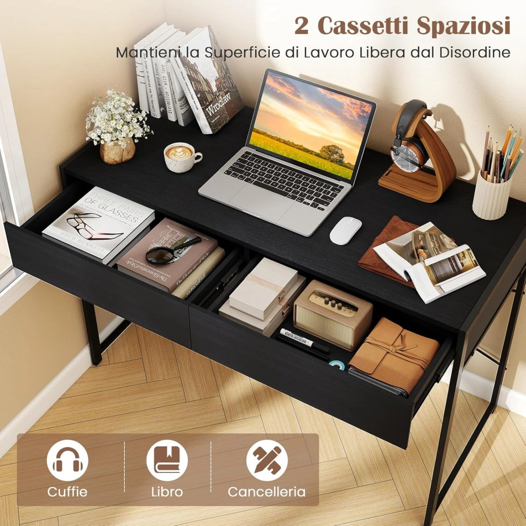 Scrivania per Computer con 2 Cassetti, Scrivania Porta PC con Telaio in Metallo e Legno, Posizione da Lavoro per Studio e Ufficio, Portata 100 kg, 112 x 48 x 76 cm (Nero)